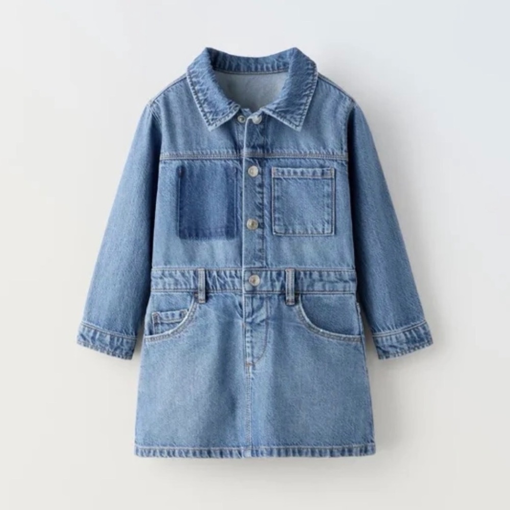 Zara Kids Girls Denim Jean Long Sleeve Collar Shirt Dress